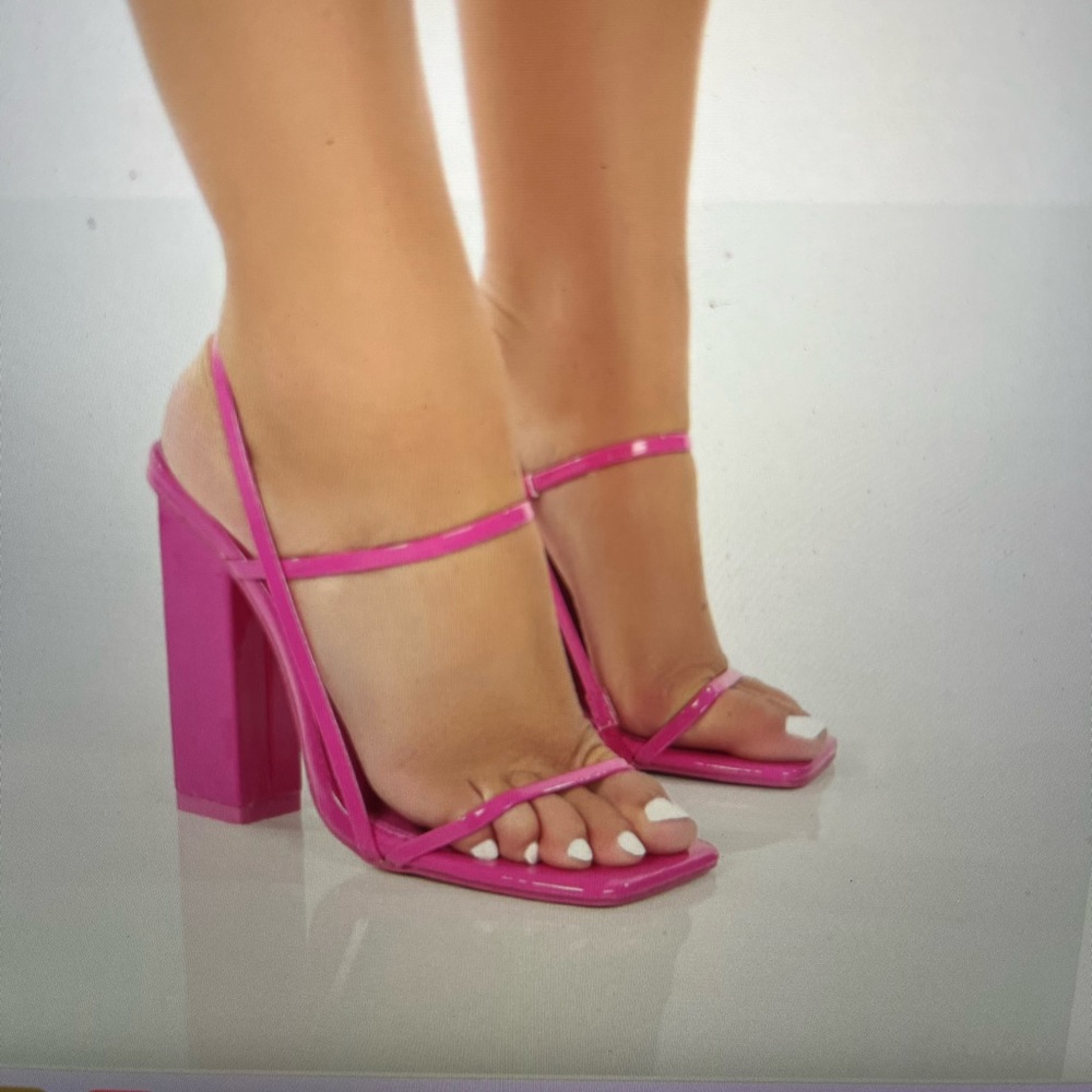 Pink patent strappy block heels
